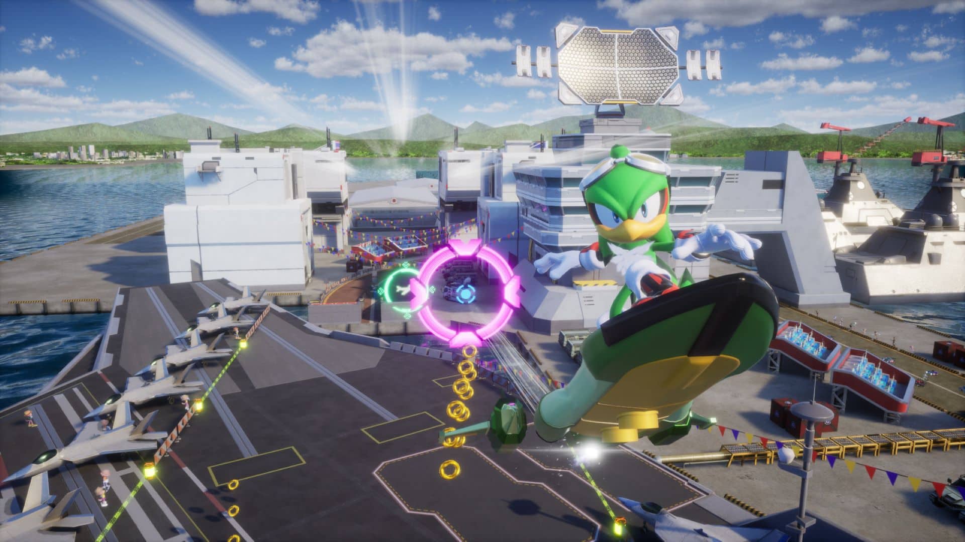 A green character from Sonic Racing CrossWorlds surfs on a hoverboard over a battleship dock