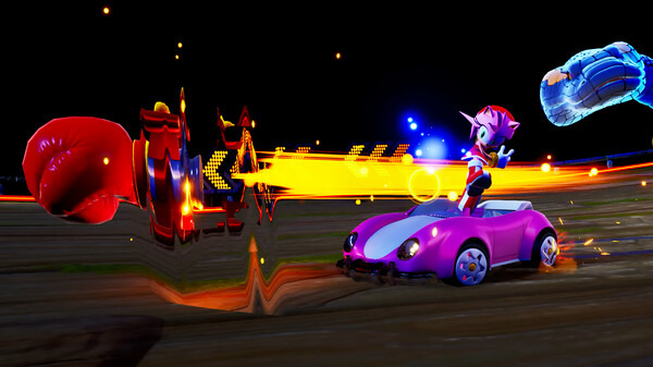 A colorful, action-packed racing scene featuring a character in a pink car dodging fiery obstacles and power-ups on a dynamic track in Sonic Racing CrossWorlds 