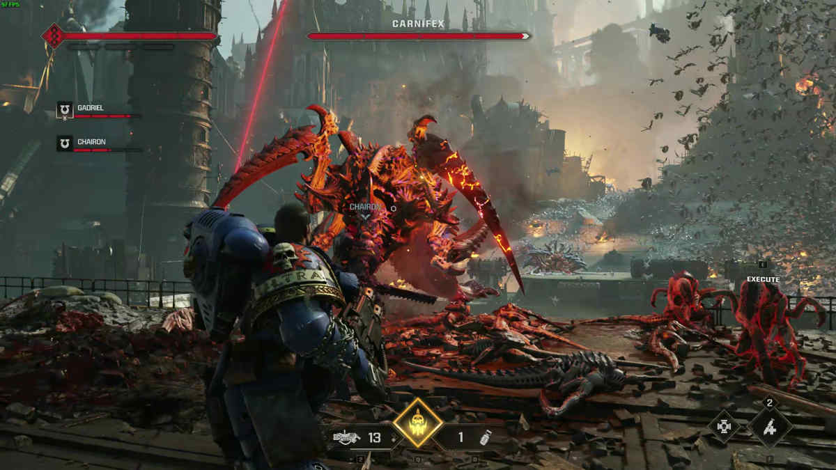 Space Marine 2 Carnifex: Carnifex boss on fire.