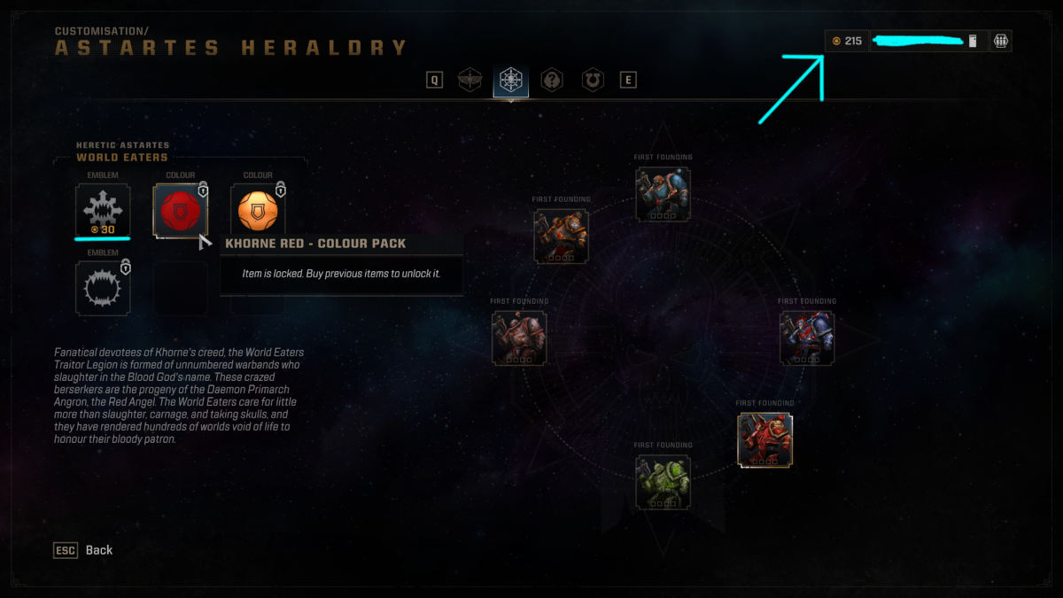 Picture of a menu where you can buy colours of your character in Space Marine 2.