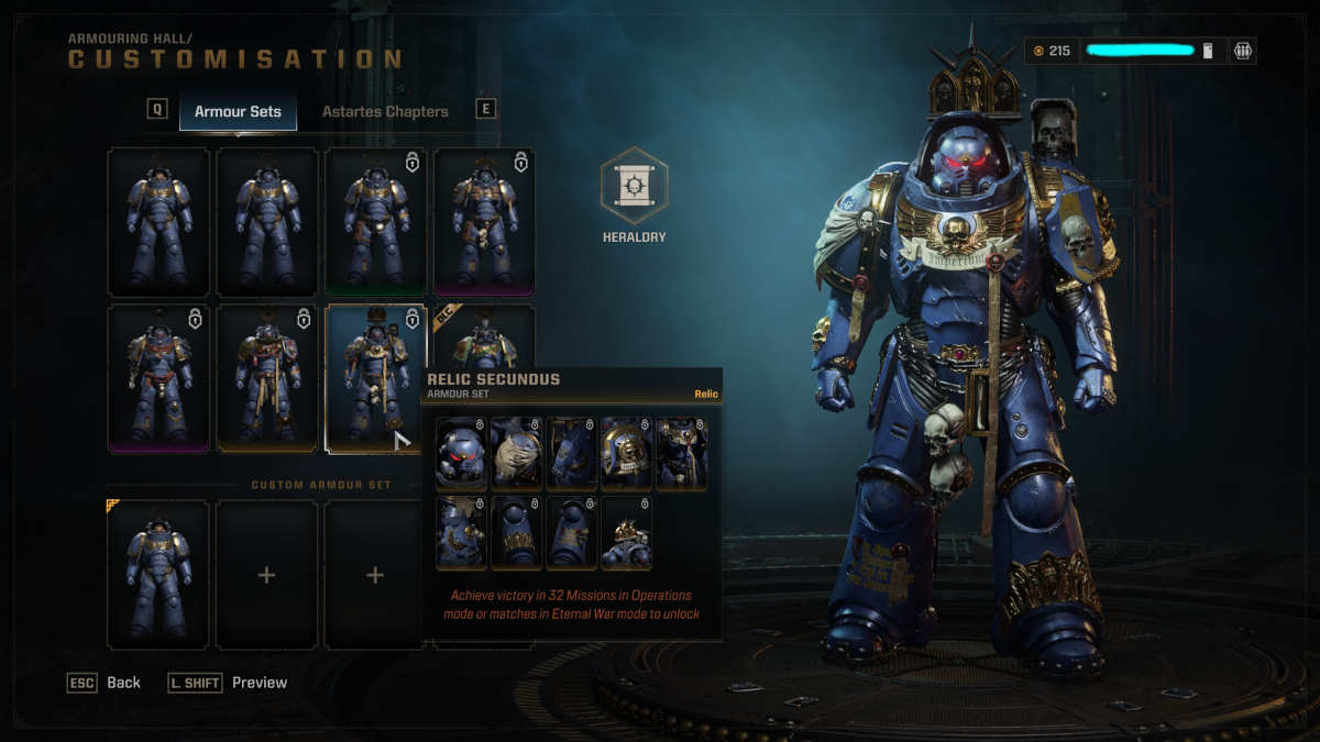 Picture of the skins menu for your class in Space Marine 2,
