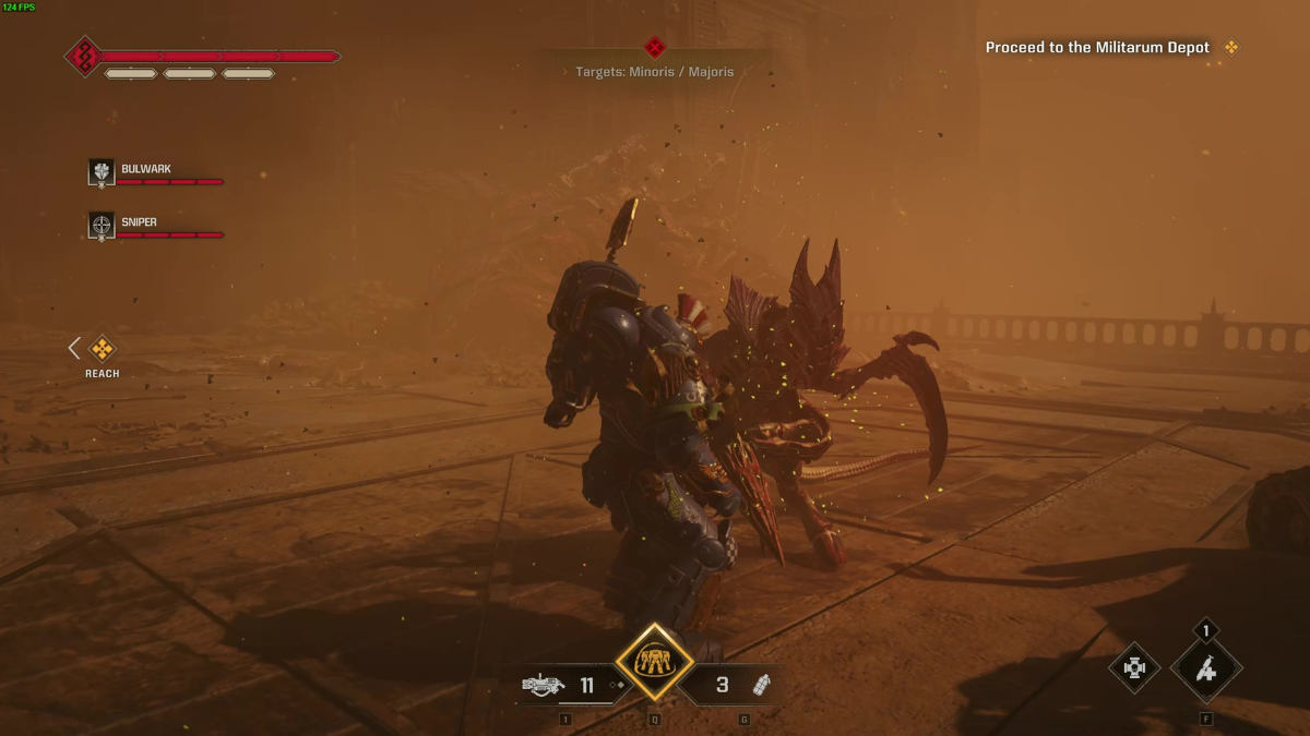 Picture of a Space Marine battling a Tyranid in a dust storm.