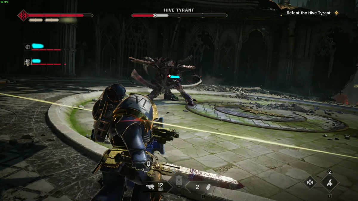 Space Marine 2 enemy types: space marine fighting a terminus-class boss.