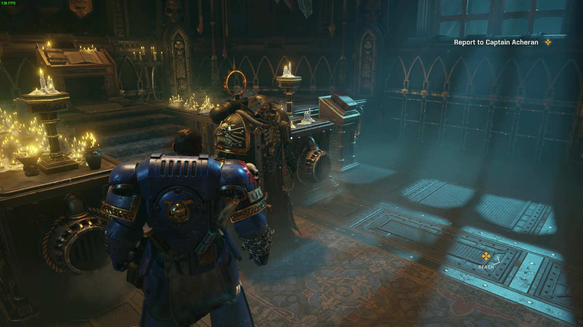 Still of the in-game storytelling taking place in Space Marine 2.