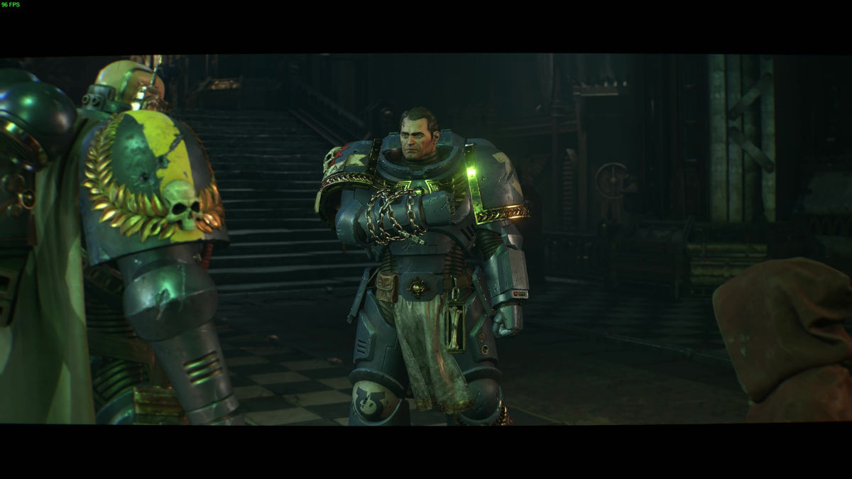 Still of a space marine saluting his captain in the Ultramarines.