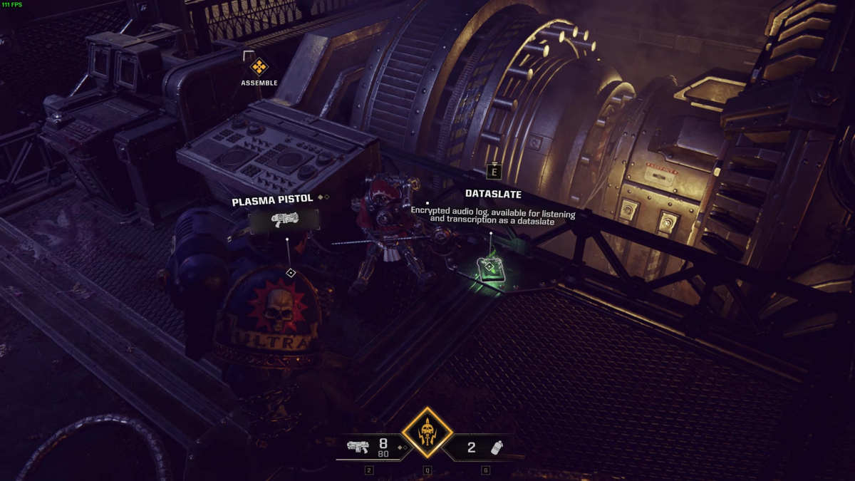picture of a dataslate on the floor in Space Marine 2,