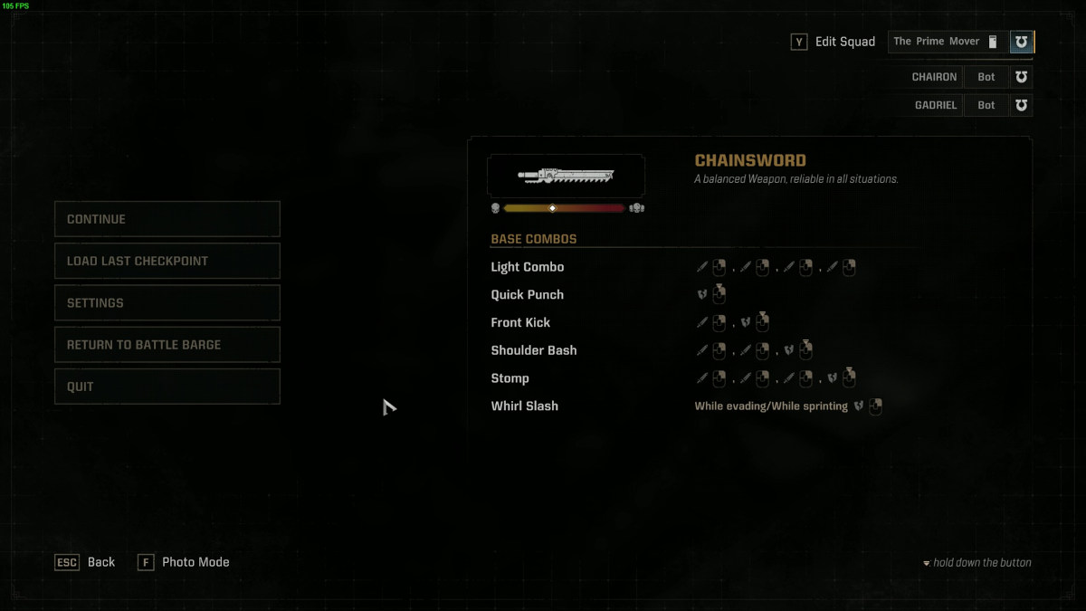 Picture of the weapon combo s and movesets for a melee weapon in Space Marine 2.
