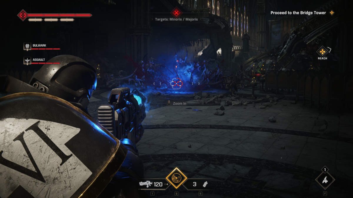 Best Space Marine 2 Tactical build: marine firing a Plasma Rifle.