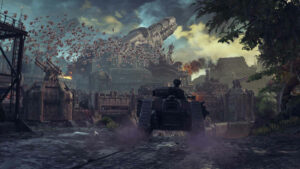 Picture of an IG tank watching on as swarms of Tyranids enter and attack their planetary defense systems.