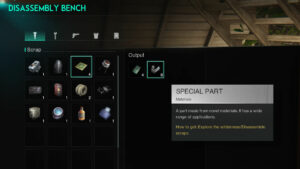 Special Part Once Human: an image of the disassembly bench in once human scrapping special parts.