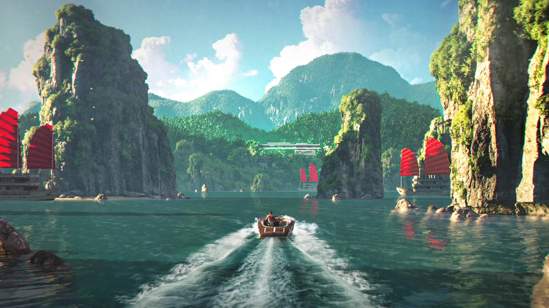 Bond driving a boat through rocky islands
