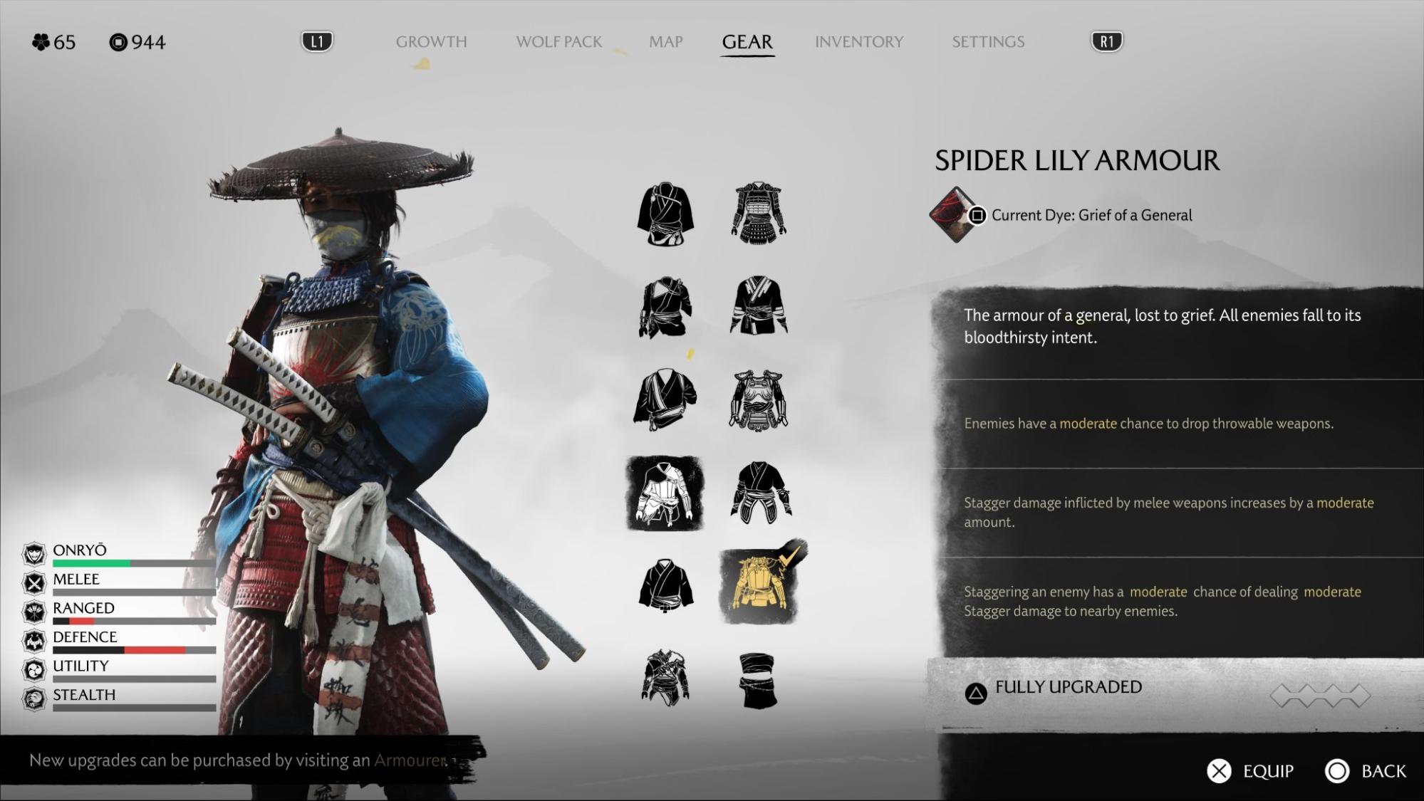 Fully upgraded Spider Lily Armor increasing stagger damage in Ghost of Yotei