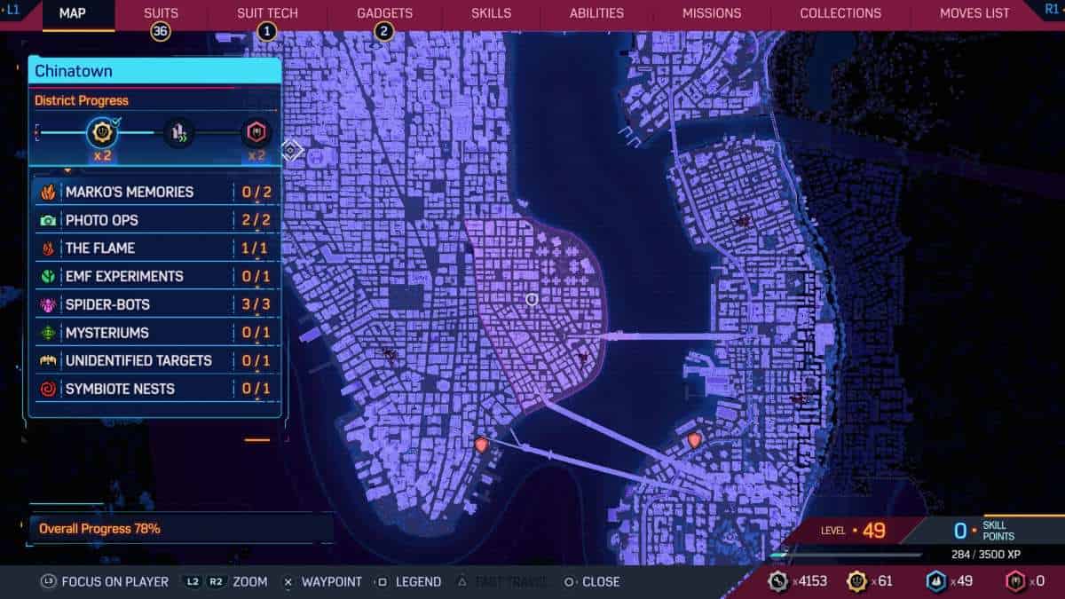 A screenshot of a city map in the game highlighting Marvel's Spider-Man 2 all Hunter Base locations.