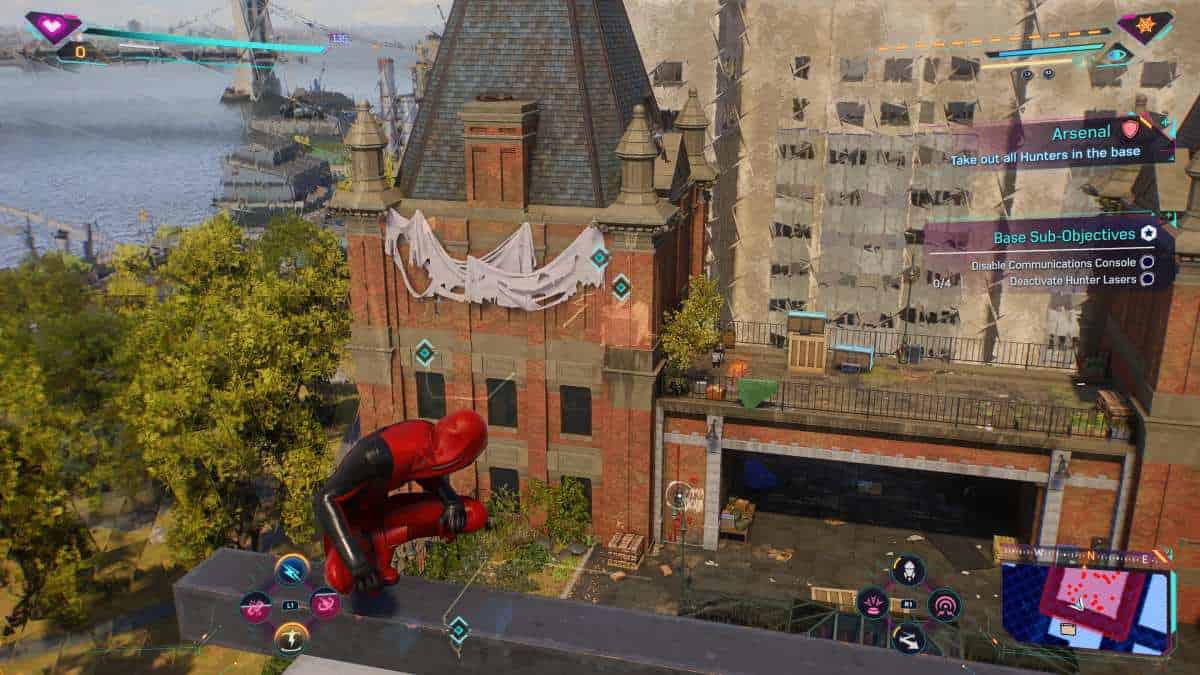 Marvel's Spider-Man 2 game features an agile superhero standing on a building in search of all Hunter Base locations.