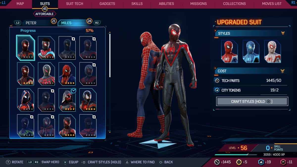 A captivating screenshot showcasing the wide array of suits in Marvel's Spider-Man 2 and simple methods for unlocking them (so far).