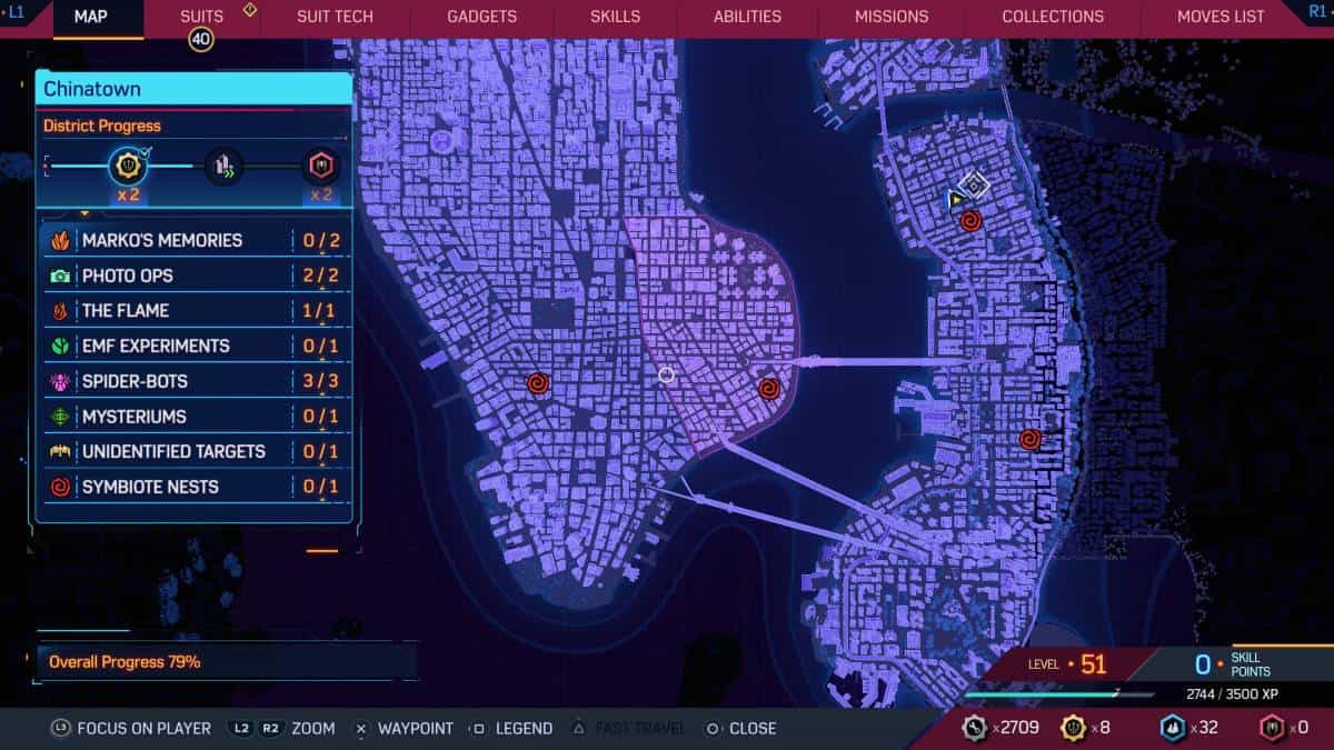 A screenshot of all Symbiote nest locations in the game Spider-Man 2.