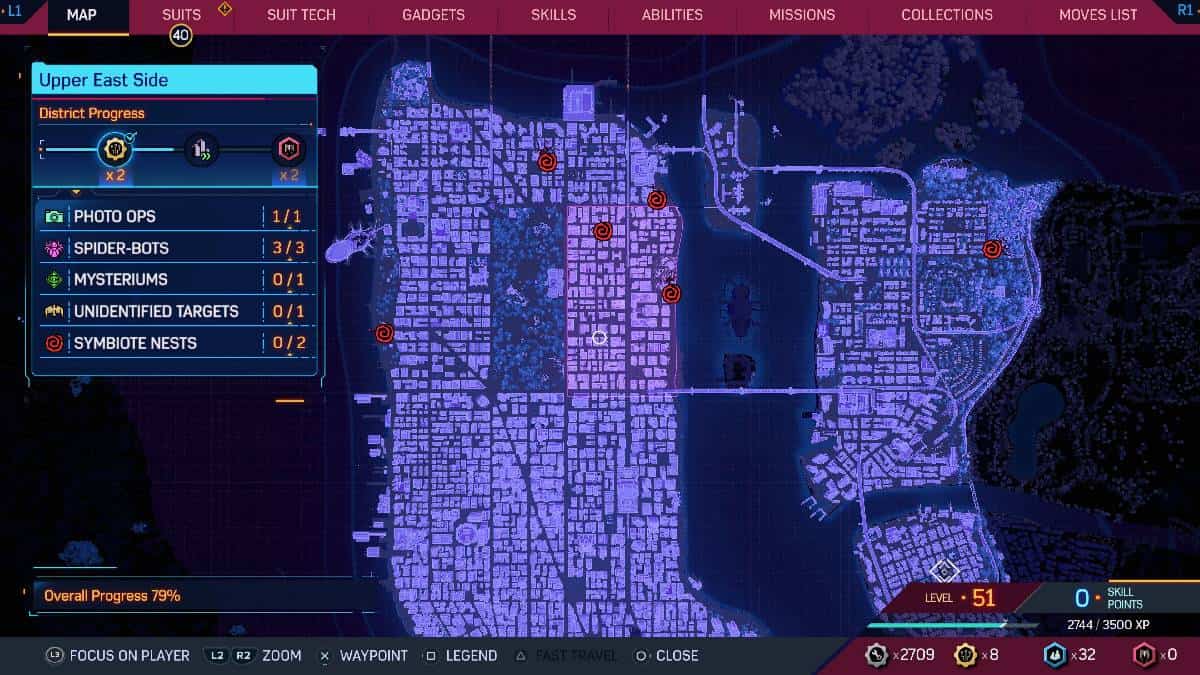 A screenshot of Spider-Man 2 with all Symbiote nest locations marked on the city map.