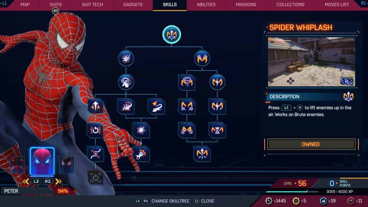 A screenshot of the Spider-Man 2 skill tree.