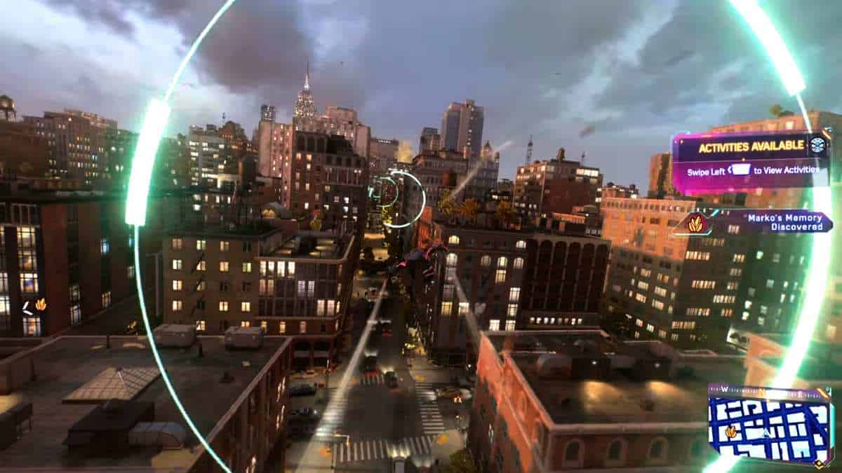 Marvel's Spider-Man 2 soaring above the Financial District in a video game city.