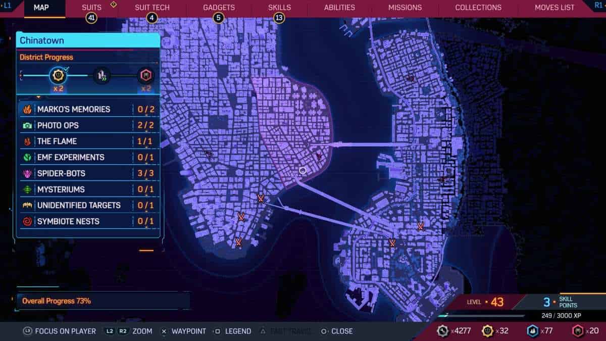 A screenshot of Marvel's Spider-Man 2 city map highlighting Hunter Blind locations in the game.