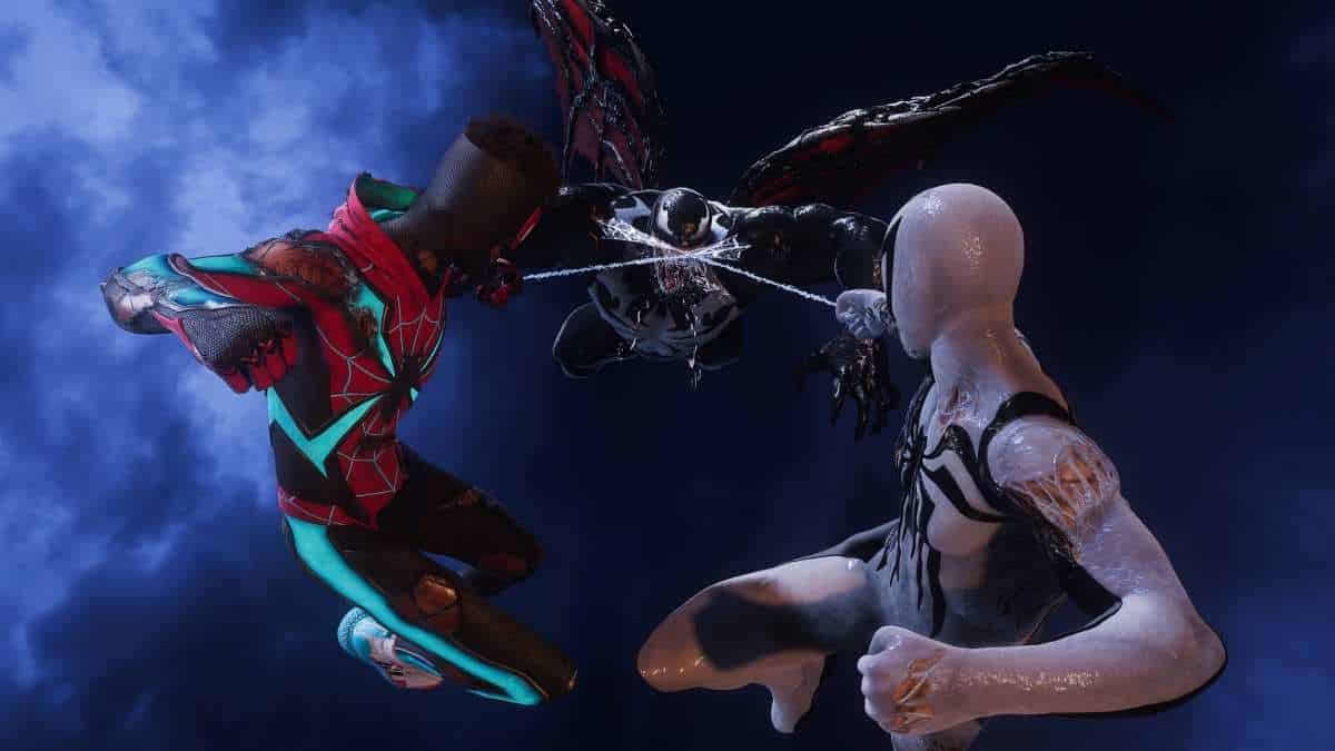 Spider-Man 2 and Venom engaging in an epic aerial battle.