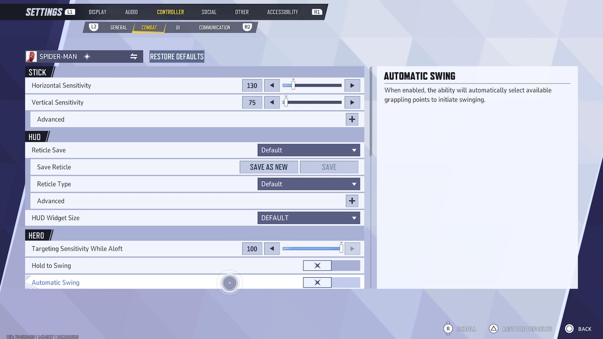 How to turn off easy swing in Marvel Rivals: settings menu.