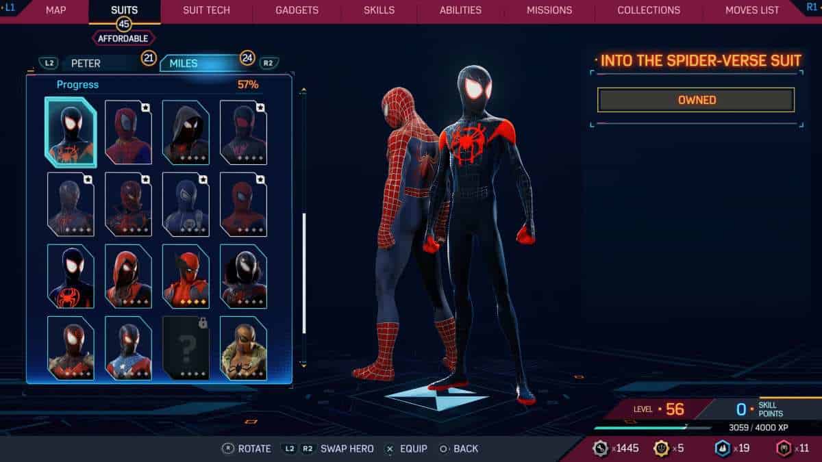 Spider-Man into the Spider-Verse screenshot featuring Marvel's Spider-Man 2 suits.