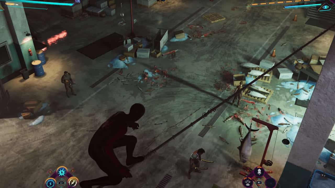 Spider-Man 2 release date: Miles Morales traverses a tripwire overhead a group of Kraven's goons.