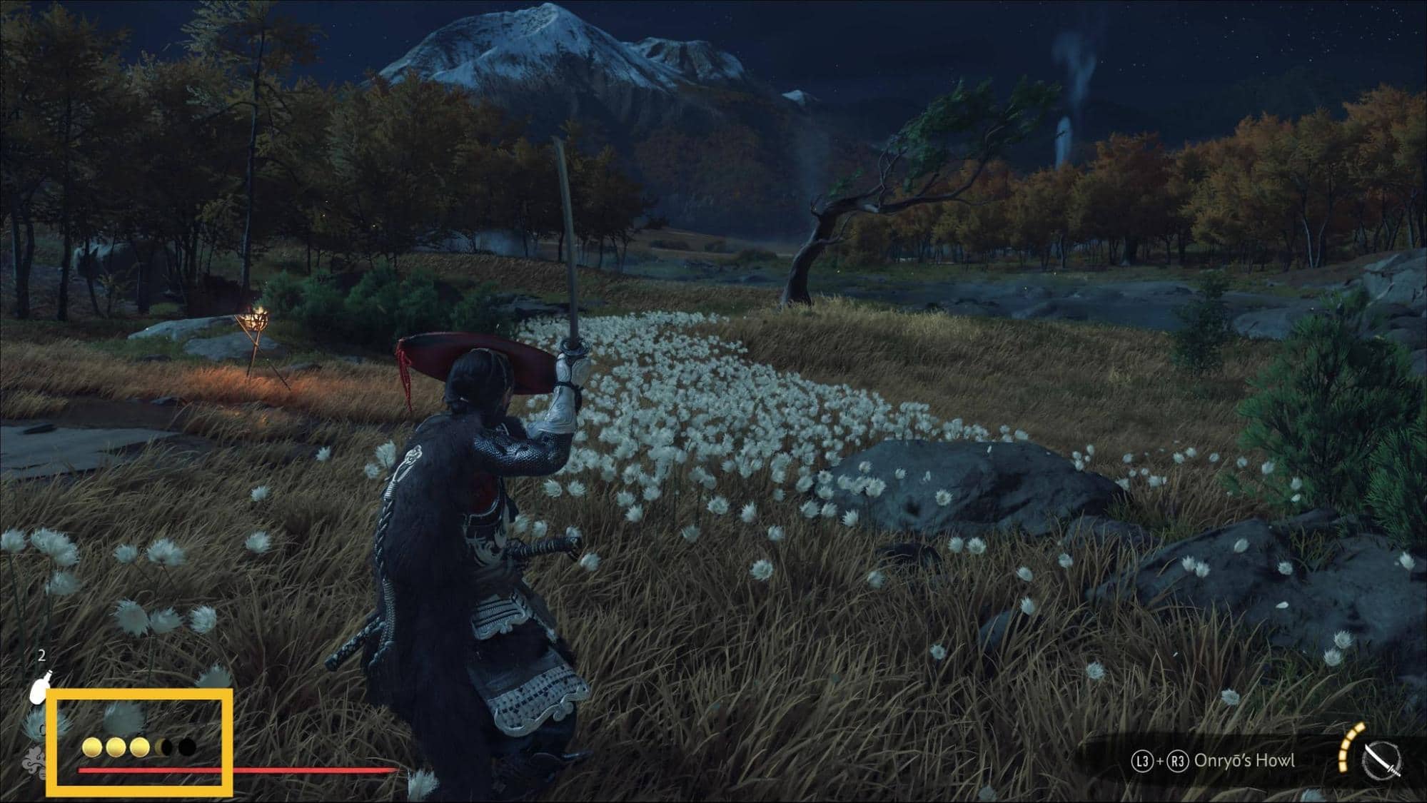 Atsu stands ready with katana as the Spirit gauge fills in Ghost of Yotei