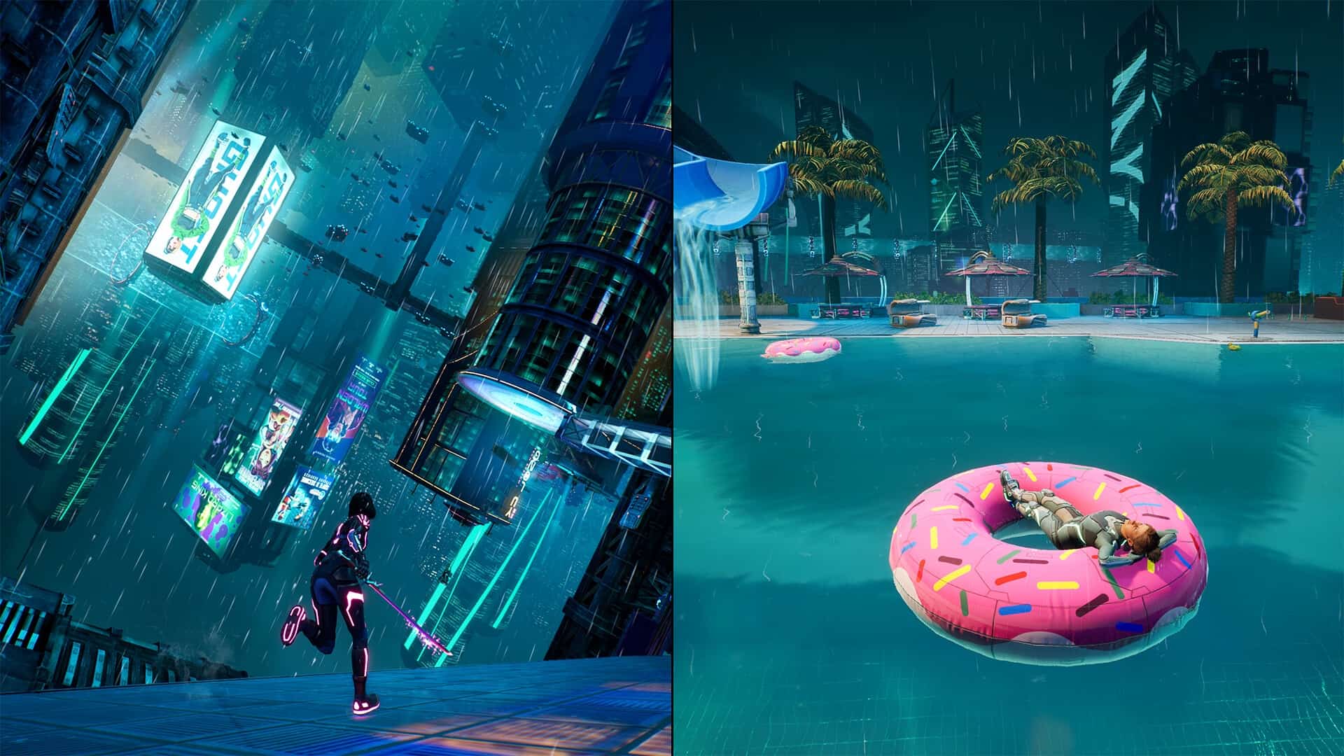 Split Fiction gameplay showing a neon-lit city chase on the left and a calm pool scene with a donut float on the right