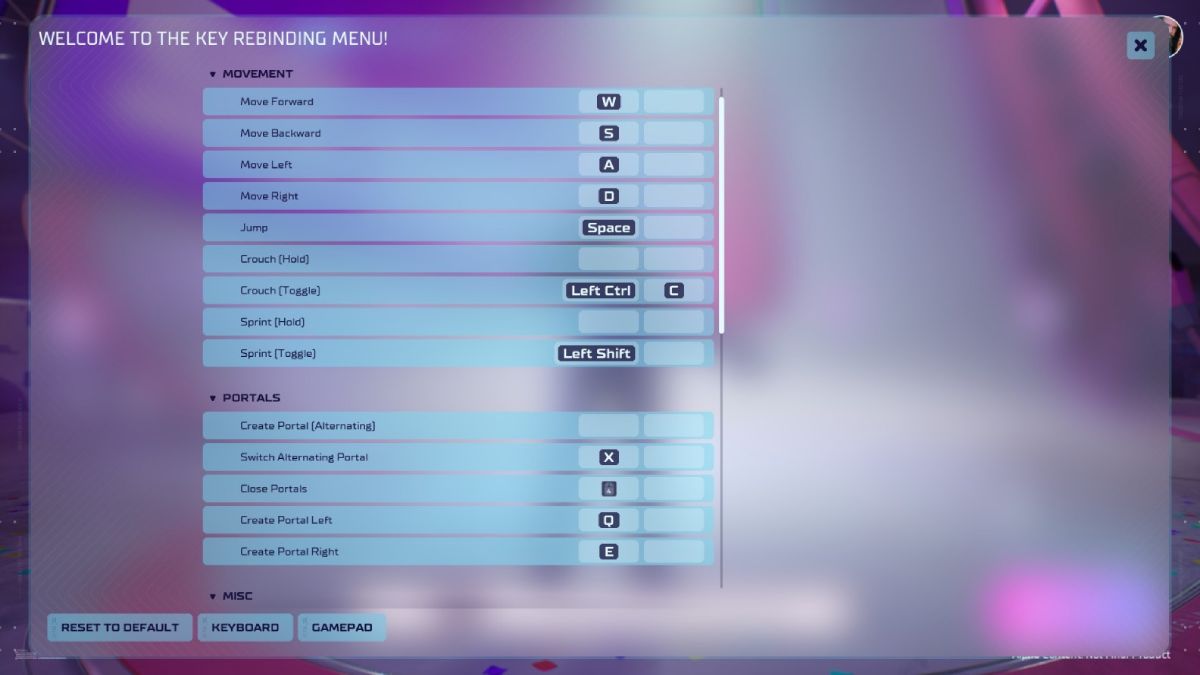 Splitgate 2 Key Bind Menu