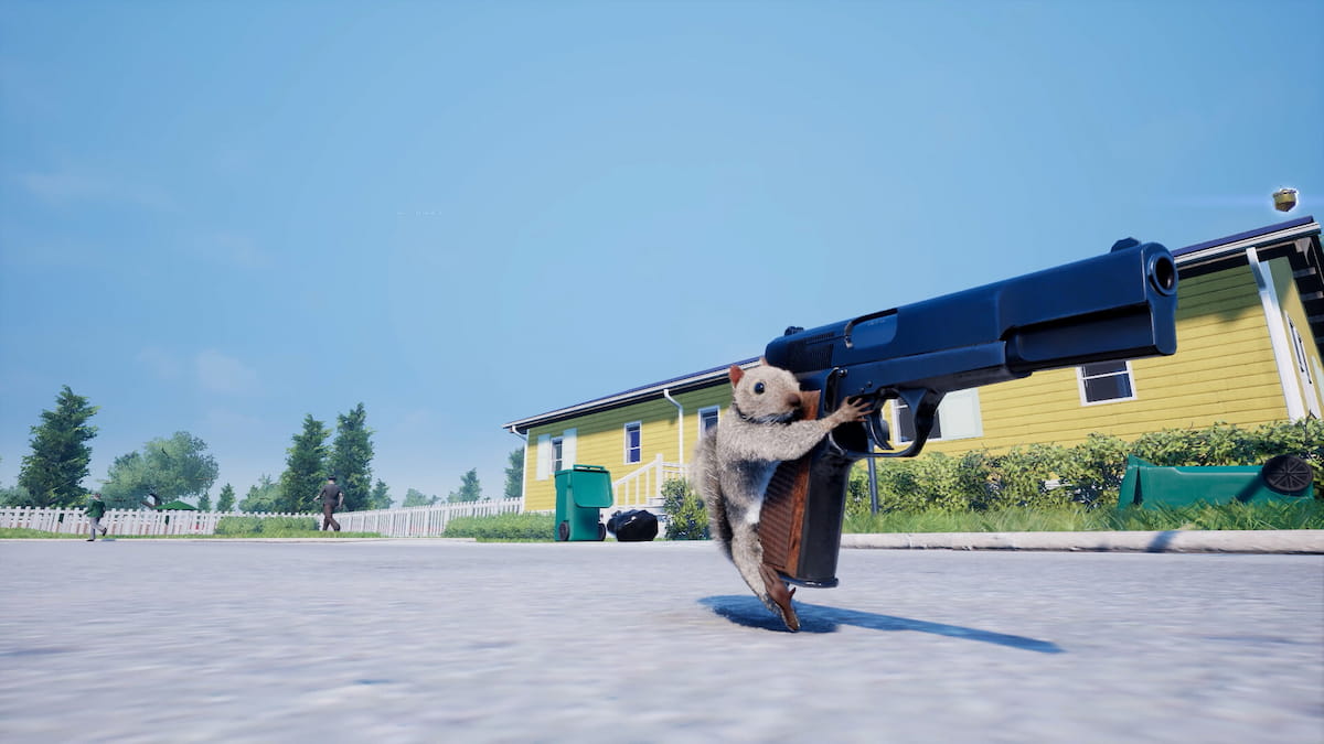 Squirrel holding a gun running away in Squirrel with a Gun