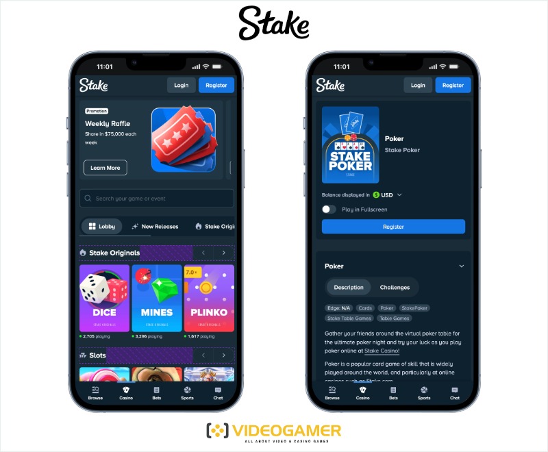 Mobile view of Stake online poker site for players in Canada