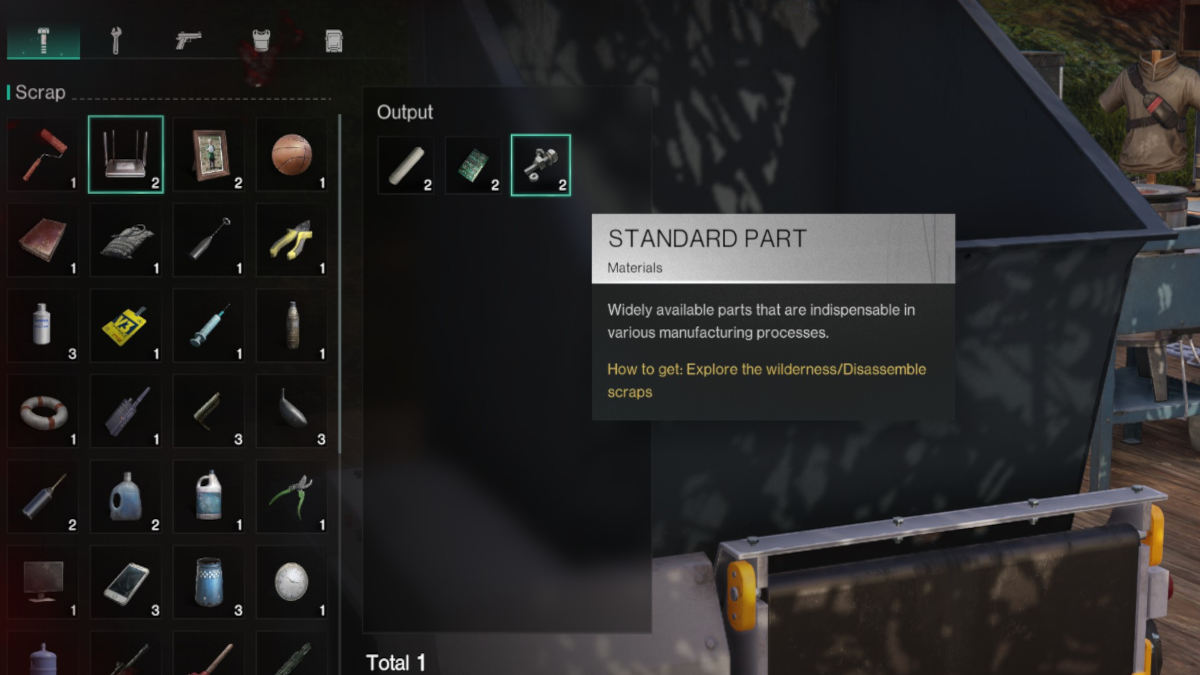 Once Human Standard Parts: Picture of the disassembly bench from Once Human, revealing that certain items form the Broken Delta can award Standard Parts.
