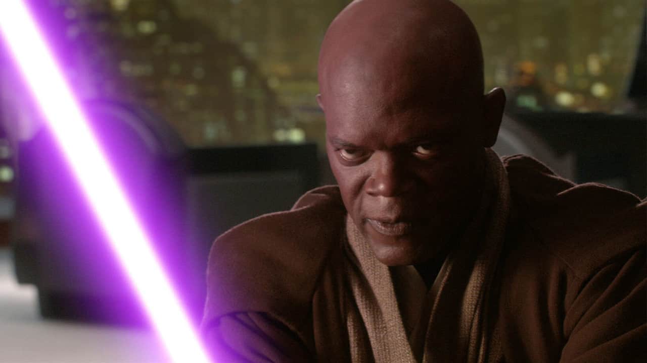 Mace Windu, portrayed by Samuel L. Jackson, holding a purple lightsaber in a scene from Star Wars that inspired a Fortnite skin.