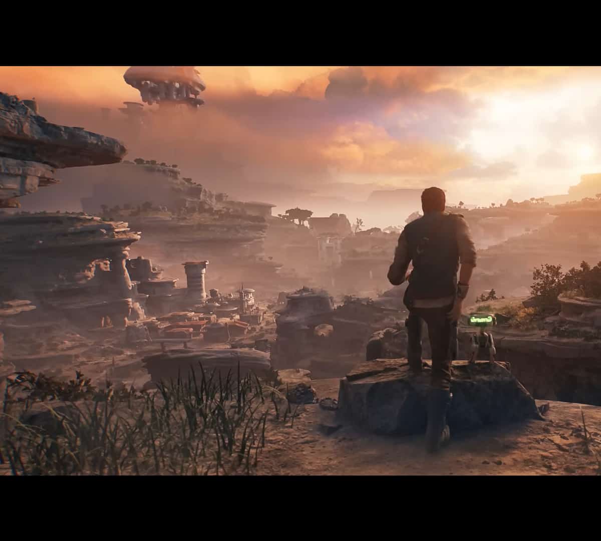 Star Wars Jedi Survivor - Cal looking out over sprawling canyon-like world.