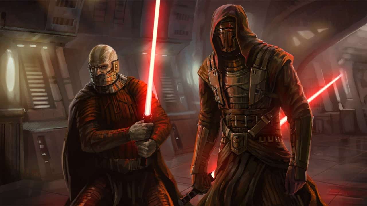 Two Fortnite characters dressed as Star Wars Sith in dark robes, wielding red lightsabers inside a metallic corridor with subdued lighting.