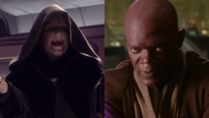 Split image of Emperor Palpatine in a dark hood on the left and Mace Windu on the right, both from the Star Wars series, depicted in a Fortnite style.