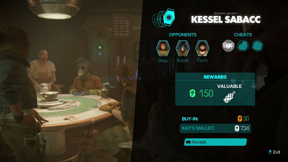 Cheat at Sabacc in Star Wars Outlaws - Sabacc Menu showing available cheats