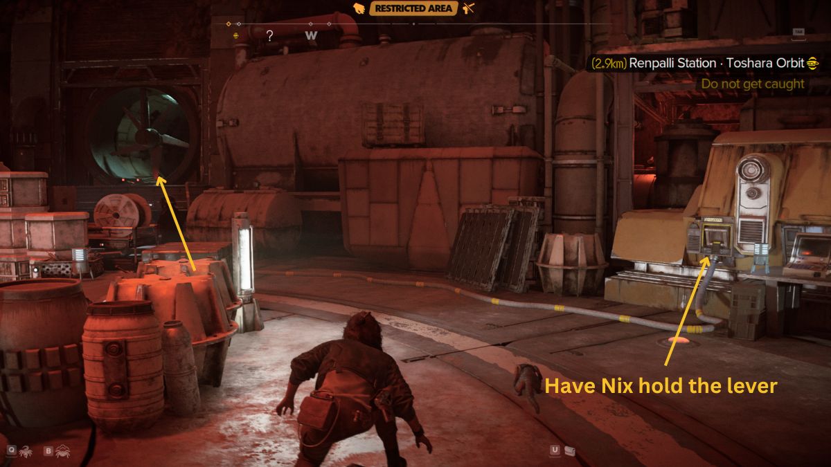Star Wars Outlaws Counterfeit Credits - Kay sneaking through fan in restricted area.