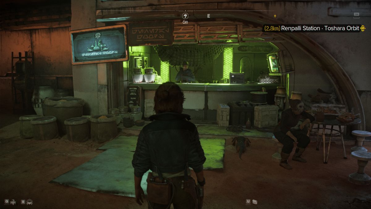 Star Wars Outlaws Counterfeit Credits - Kay standing in front of merchant