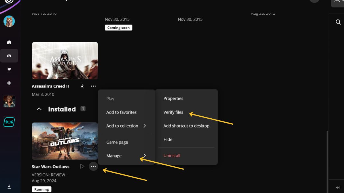 Star Wars Outlaws crashing - Player verifying the game files. 