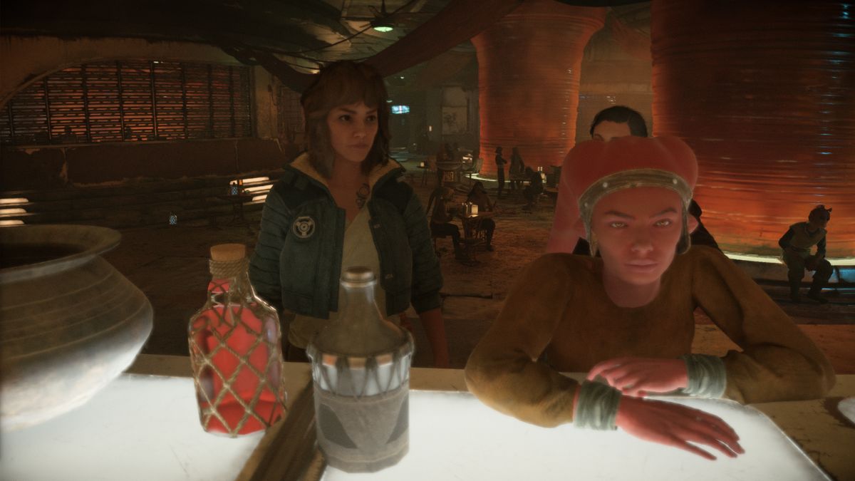 Should you tell Eleera about the Pyke traitor in Star Wars Outlaws - Kay standing at the bar with Twi'lek