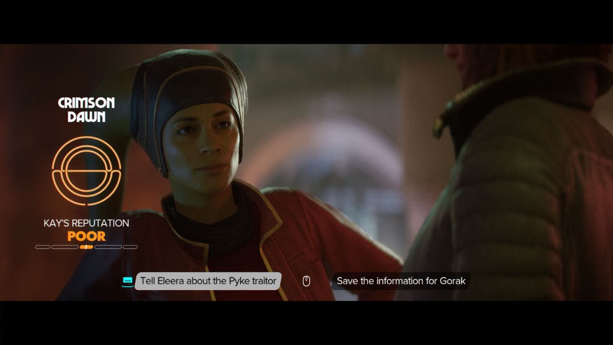 Should you tell Eleera about the Pyke traitor in Star Wars Outlaws - Player talking to Eleera about the traitor