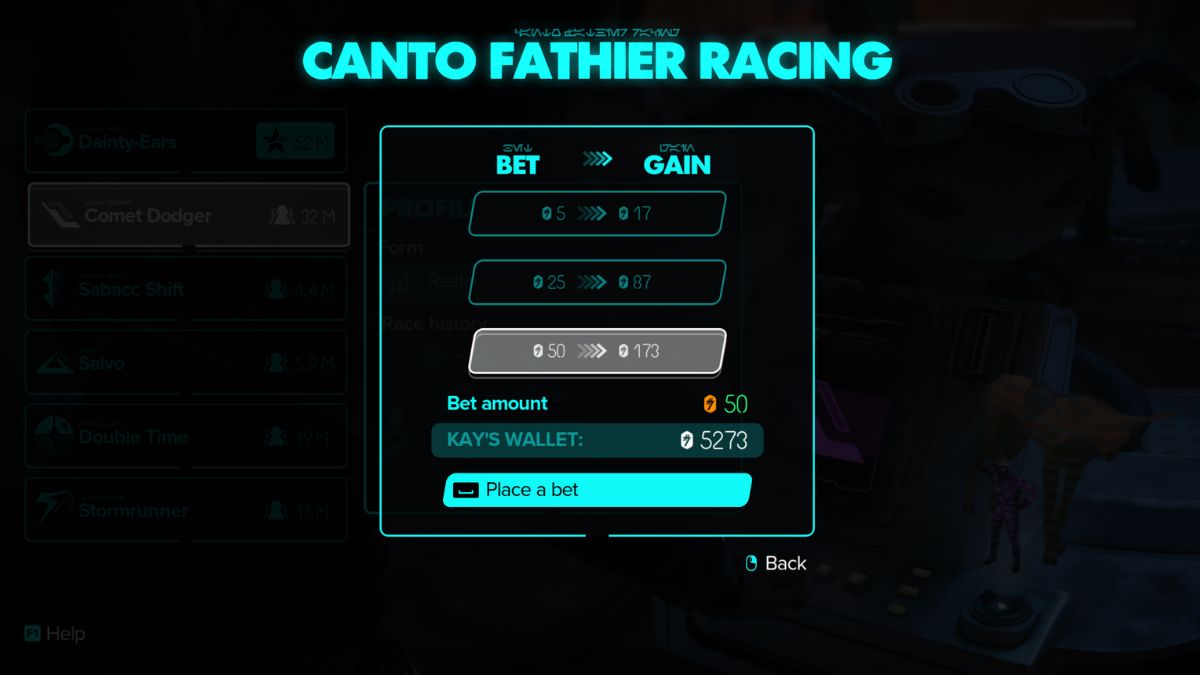 Star Wars Outlaws Fathier Racing - Kay choosing bet to place on race