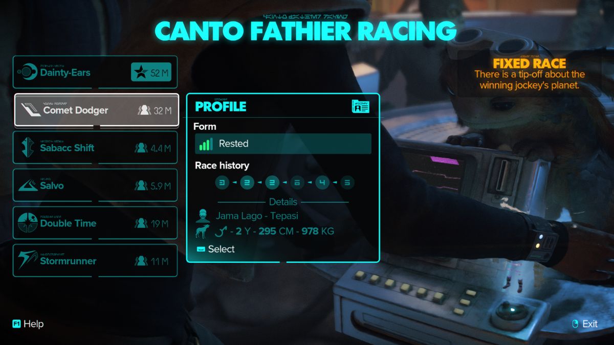 Star Wars Outlaws Fathier Racing - Kay choosing horse to back in race
