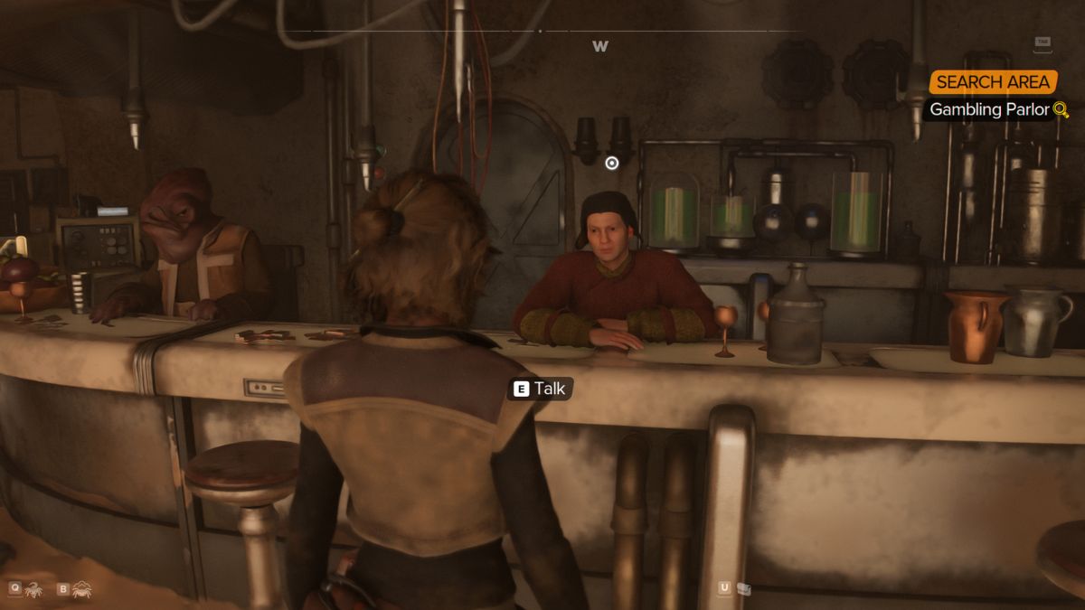 Star Wars Outlaws Missing Brother - Kay talking to bartender