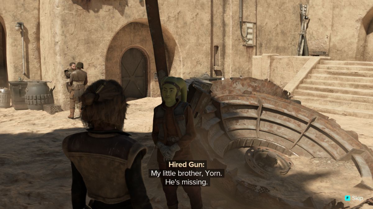 Star Wars Outlaws Missing Brother - Kay talking to enforcer