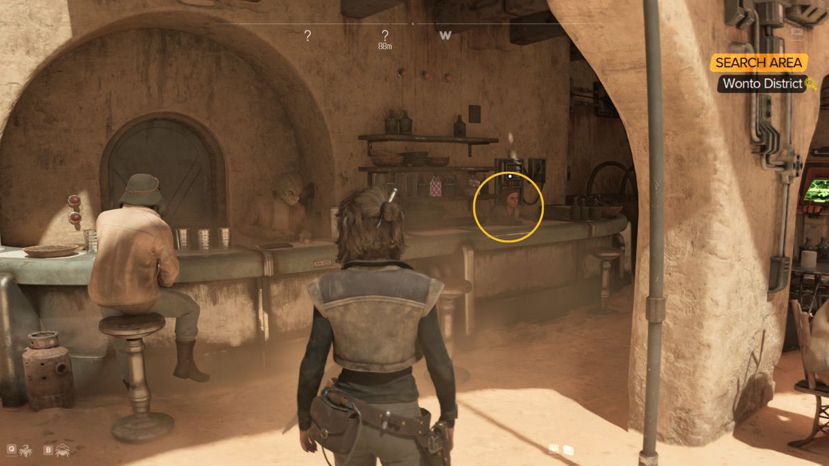 Star Wars Outlaws Missing Brother - Kay walking up to gambler