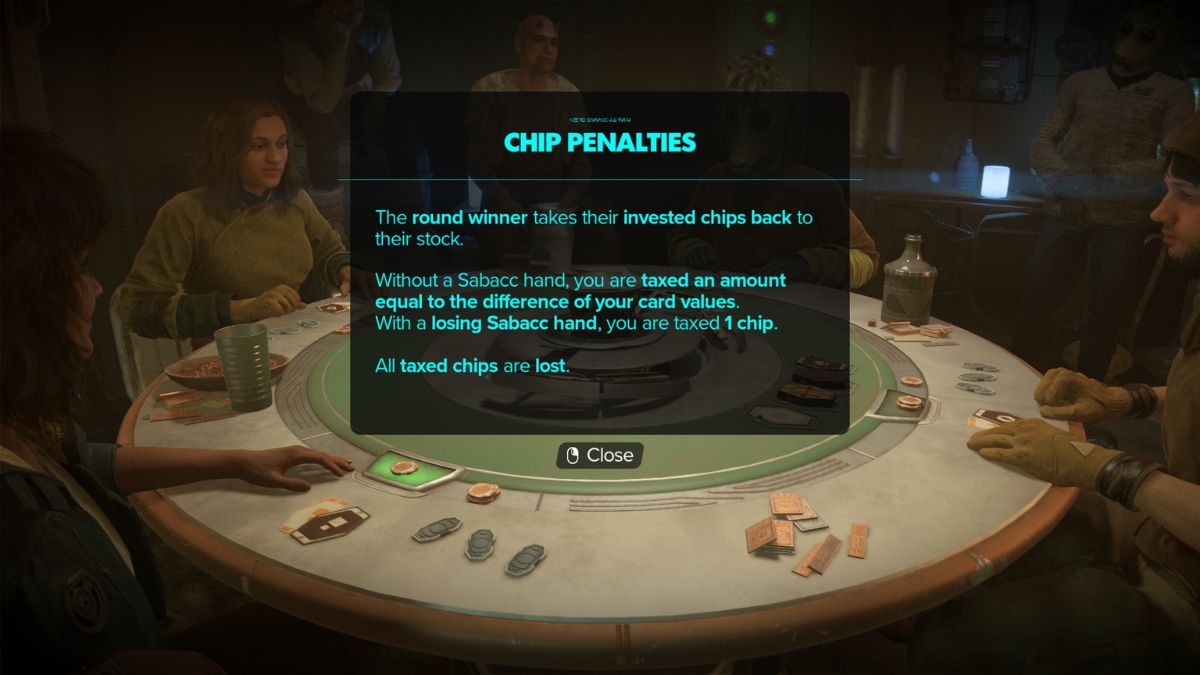 Play Sabacc in Star Wars Outlaws - Kay playing with chip penalties. 